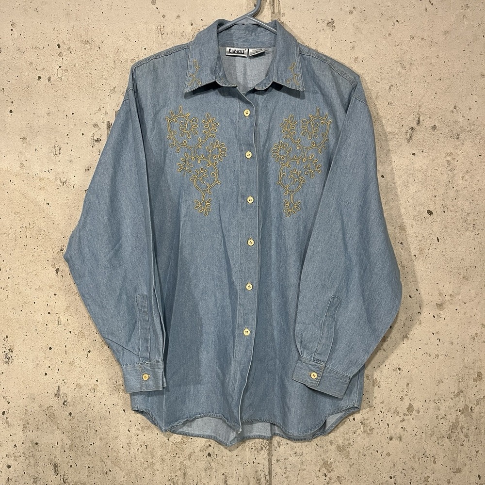 Capacity Vintage Embroidered Chambray Long Sleeve Button Up Women's Large